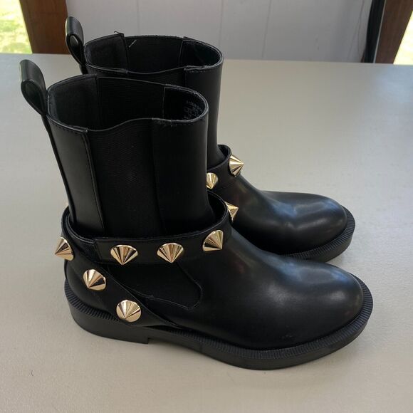 ZARA Ankle Boots Womens 36 6 Black Studded Ankle Strap Chelsea Goth Biker Vegan - Picture 2 of 11